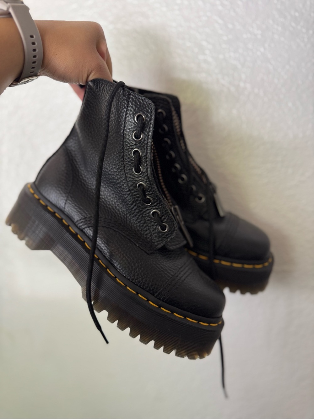 Dr. Martens Black Leather Platform Lace-Up Boots with Yellow Stitching